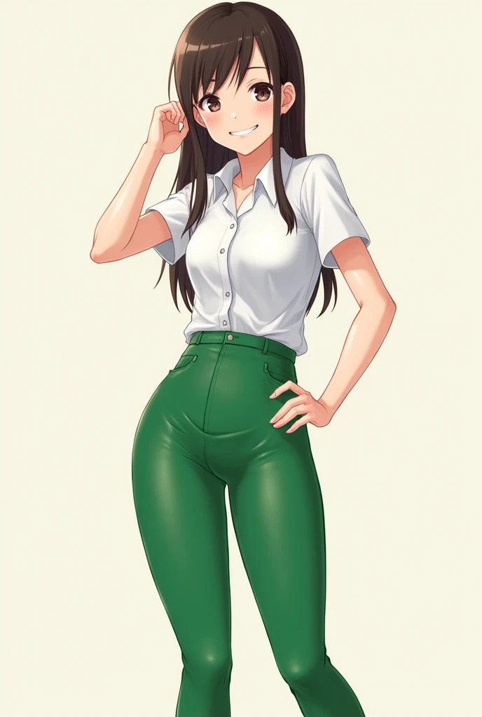 1 girl, green flag pants, school shirt, and big thighs