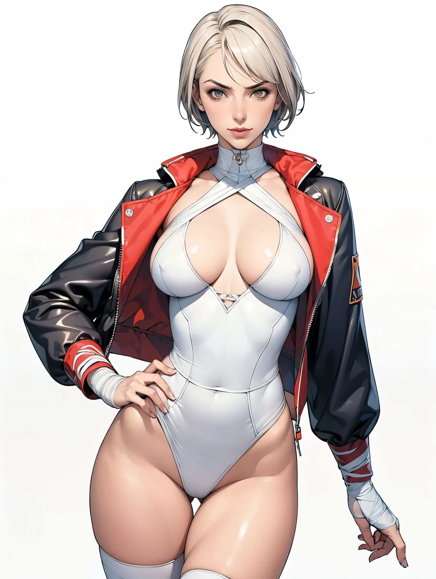 (((Annie Lennox))), (((colorful suit))), (scars), (((bandaged arms))), (((colorful clothes))) (( hood)), (((best quality: 1.4))), (Unbeatable masterpiece), (hyper HD),(CG 8k hyper-realistic), beautiful face, (((breasts big))), (((hyper feminine))), sexly girl, ((round face)), black tattoo,(ultra short red hair with white highlights)), ((( sculptural body ))), (((1 Kizi))), Kizi tatuada de 25 anos com perfect body, perfect hands, perfect fingers ,Beautiful and well-groomed face, (round face), muscular body:1.2,solid color detailed jacket, (Head to thigh photos), Complex equipment, ,Tight clothes,With white stars and off-white stripes,,,,,Armor Metal Electronic Parts, Poison tattoos ) INFO, Kizi, (((standing alone))), , 24歳, sexy, pose de attitude, work of art, dancing, ((slight smile)), post-apocalypse, (((manga style))), bounty hunter, the way you want, perfect body, roupa moderna, advanced technology, white, yellow accent, black, red accent, fur collar jacket, sleeves with vertical striped pattern, background city, (( cowboy shot )). intricate visual, narrow waist, (((wide hips))), wide hips, fit thighs, (((thigh gap))), Thigh gap, background shows a futuristic airplane, open expression, expression happy
