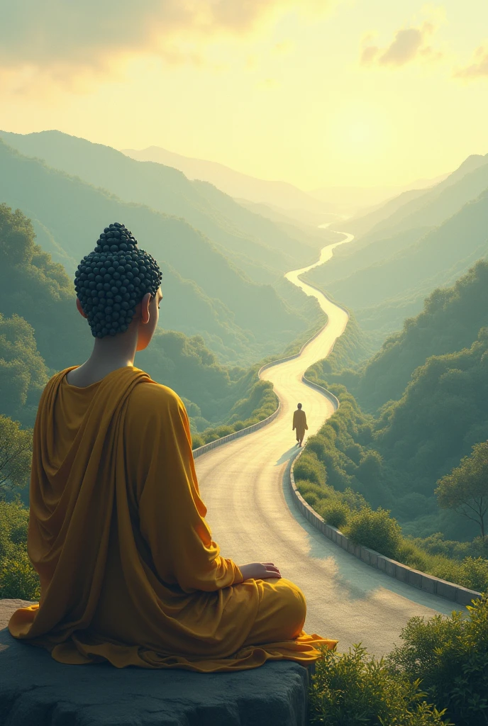 Creat a photo that the Buddha's waiting at the edge of a long road to welcom Mahakassapa who is at the edge of another road.