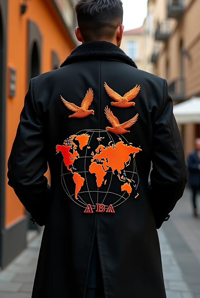 Create a black and orange coat, highlighting the shape of a flock of 3-4 pigeons on top and the continent of Earth."The center of the back is embroidered with the letters BA in the globe.