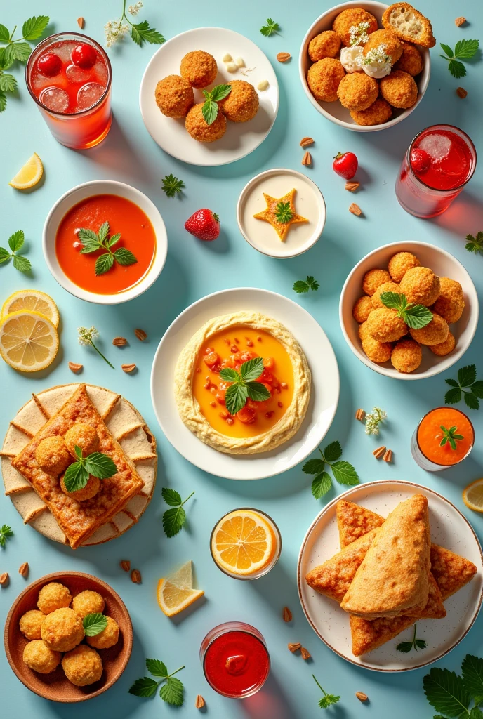 Horizontal letter-sized background showing Israeli dishes, desserts and drinks from above in pastel blue and sand tones, with certain low opacity geometric figures in the Memphis design graphic style representation