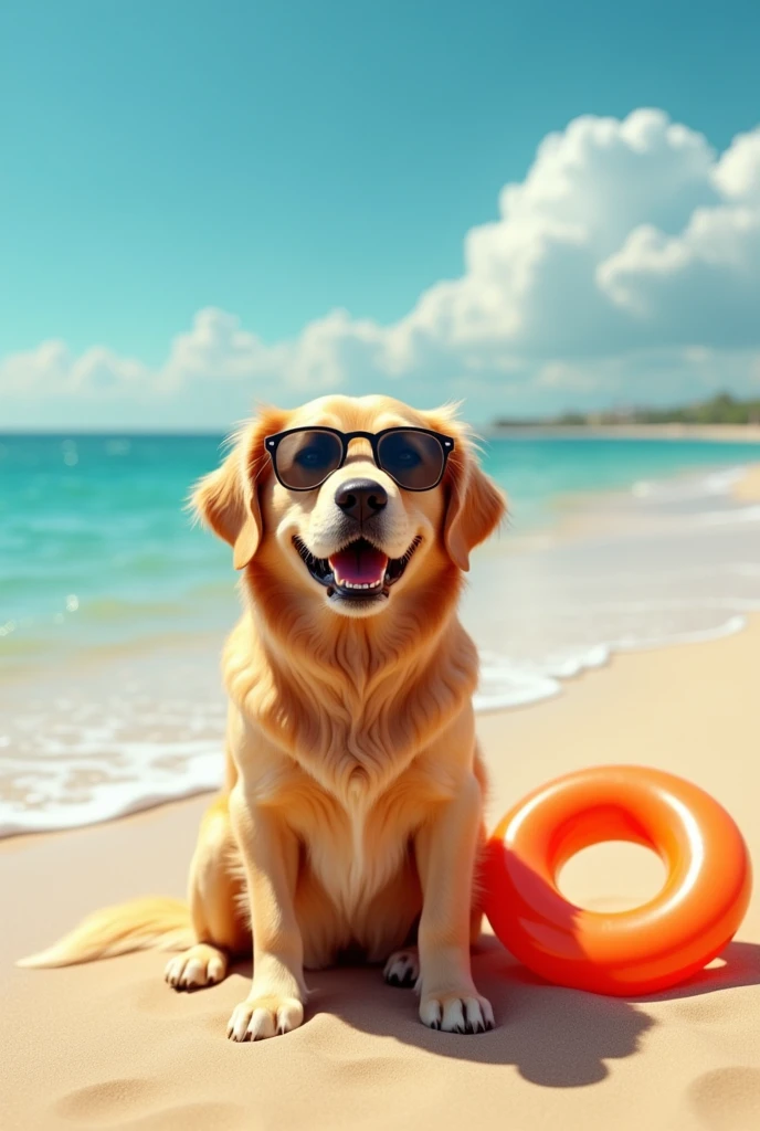 Happy dog with sunglasses and floating ring