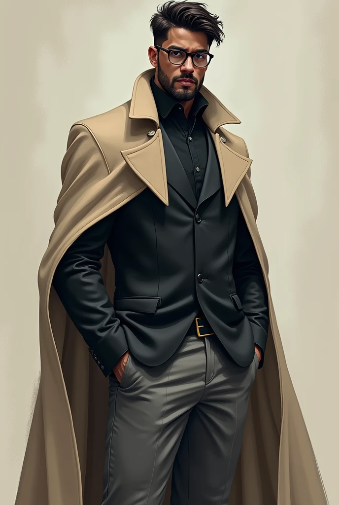 A boy of 1.68 tall, WITH 82 KILOS, WITH GLASSES SHORT HAIR, short beard, LIGHT BROWN SKIN TEST AND IS DRESSED IN A DARK CREAM CAPE, GREY PANTS AND LEAD JACKET