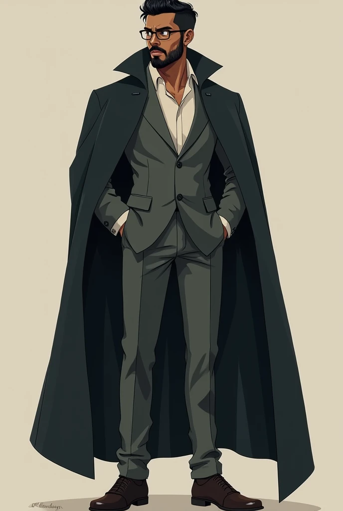 A boy of 1.68 tall, WITH 82 KILOS, WITH GLASSES SHORT HAIR, short beard, LIGHT BROWN SKIN TEST AND IS DRESSED IN A DARK CREAM CAPE, GREY PANTS AND LEAD JACKET