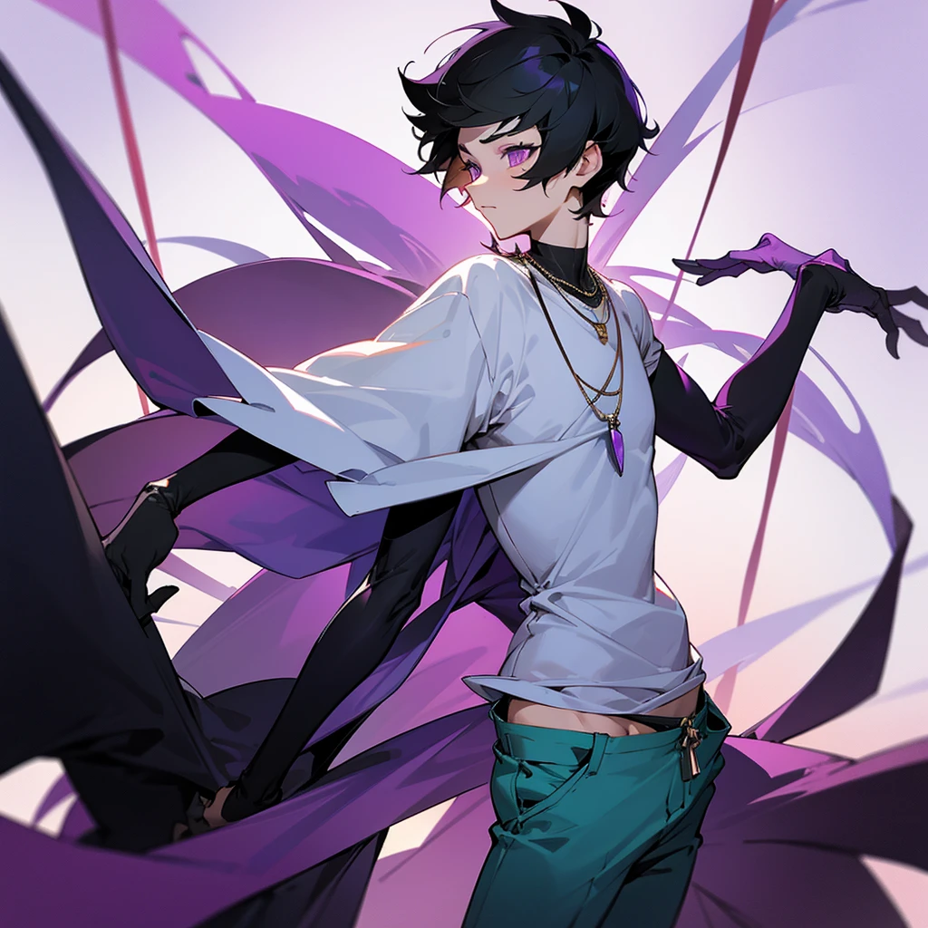 cute boy, short black hair, purple eyes, six arms, a necklace, man with 144 cm height, clothing a backless t-shirt and pants