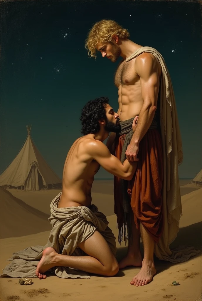 1 arab kneling very close in front of a standing blond man´s groan baroque painting+muslim_art fullbody portrait, an arabian prince, cinnamon skin green eyes, wavy black hair, thin face, slender toned body, body hair, beautiful face, next to a young viking, blond, blue eyes, muscular beautiful face, strong, masculine perfect proportions, white skin innocent look, both naked shirtless pantless barefoot in the mesopotamian desert in the night dynamic movement composition in the background dunes, tents, stars,, south cruce so romantic