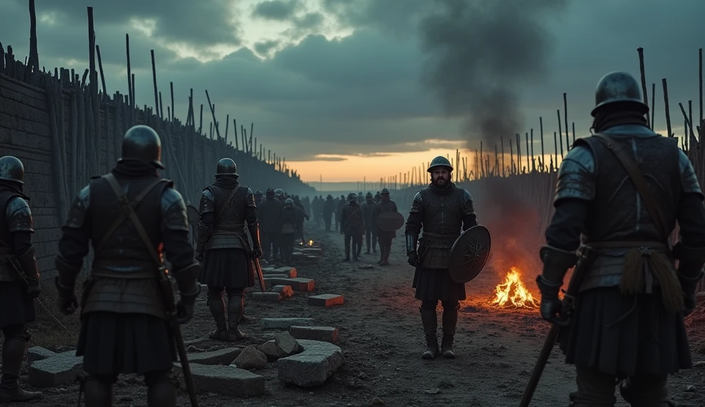 Depict a cinematic and dark scene of medieval soldiers and peasants fervently preparing for a large-scale conflict. Soldiers in heavy, weathered armor are diligently constructing fortifications, with wooden palisades and siege engines taking shape in the gloomy twilight. Some are sharpening swords and repairing shields, while others are hauling heavy logs and stones. Peasants in tattered clothing, their faces grim and determined, are assisting by reinforcing barriers and transporting materials. The atmosphere is tense and foreboding, with dark, heavy clouds and flickering torches casting eerie shadows across the scene. The backdrop includes a partially constructed stone wall, smoke rising from campfires, and the distant rumble of approaching forces, emphasizing the urgency and gravity of the mobilization., Surrealism, Hyperrealism, UHD, retina, masterpiece, accurate, anatomically correct, textured skin, super detail, 16k