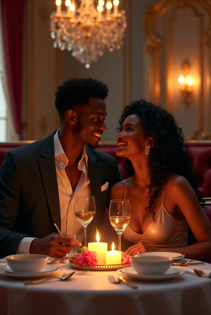 Generate an image of a black handsome man and a black curvy woman eating at a restaurant sitting opposite across