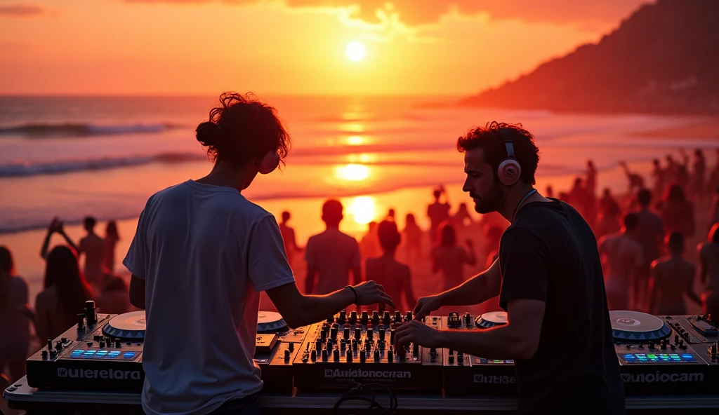 multiple DJs playing music at sunset on the beach, hand raised, manipulating sound equipment, people in the background dancing, stunning ocean view, golden hour lighting, vibrant colors, cinematic composition, detailed and intricate machinery, bright electronic displays, mesmerizing dance party atmosphere, photorealistic, hyper-detailed, 8k, masterpiece