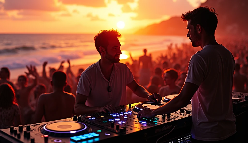 multiple DJs playing music at sunset on the beach, hand raised, manipulating sound equipment, people in the background dancing, stunning ocean view, golden hour lighting, vibrant colors, cinematic composition, detailed and intricate machinery, bright electronic displays, mesmerizing dance party atmosphere, photorealistic, hyper-detailed, 8k, masterpiece