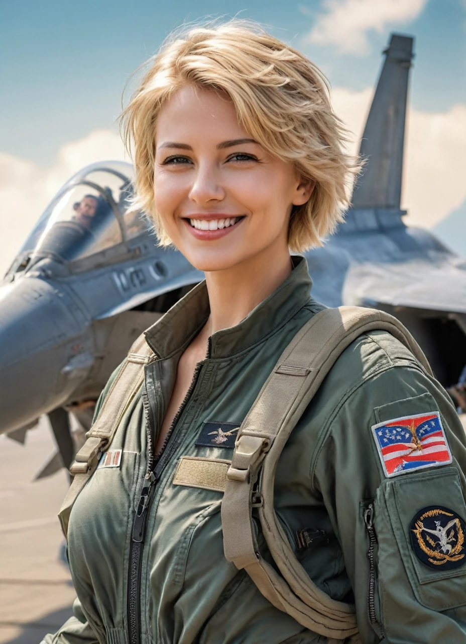 Aviator pill, women , Short blonde hair, very beautiful, with f22 fighter pilot suit, goddess body, neckline, big breasts, sensual smile, f22 plane background, 8K photo quality, Realistic details, ultra definition.