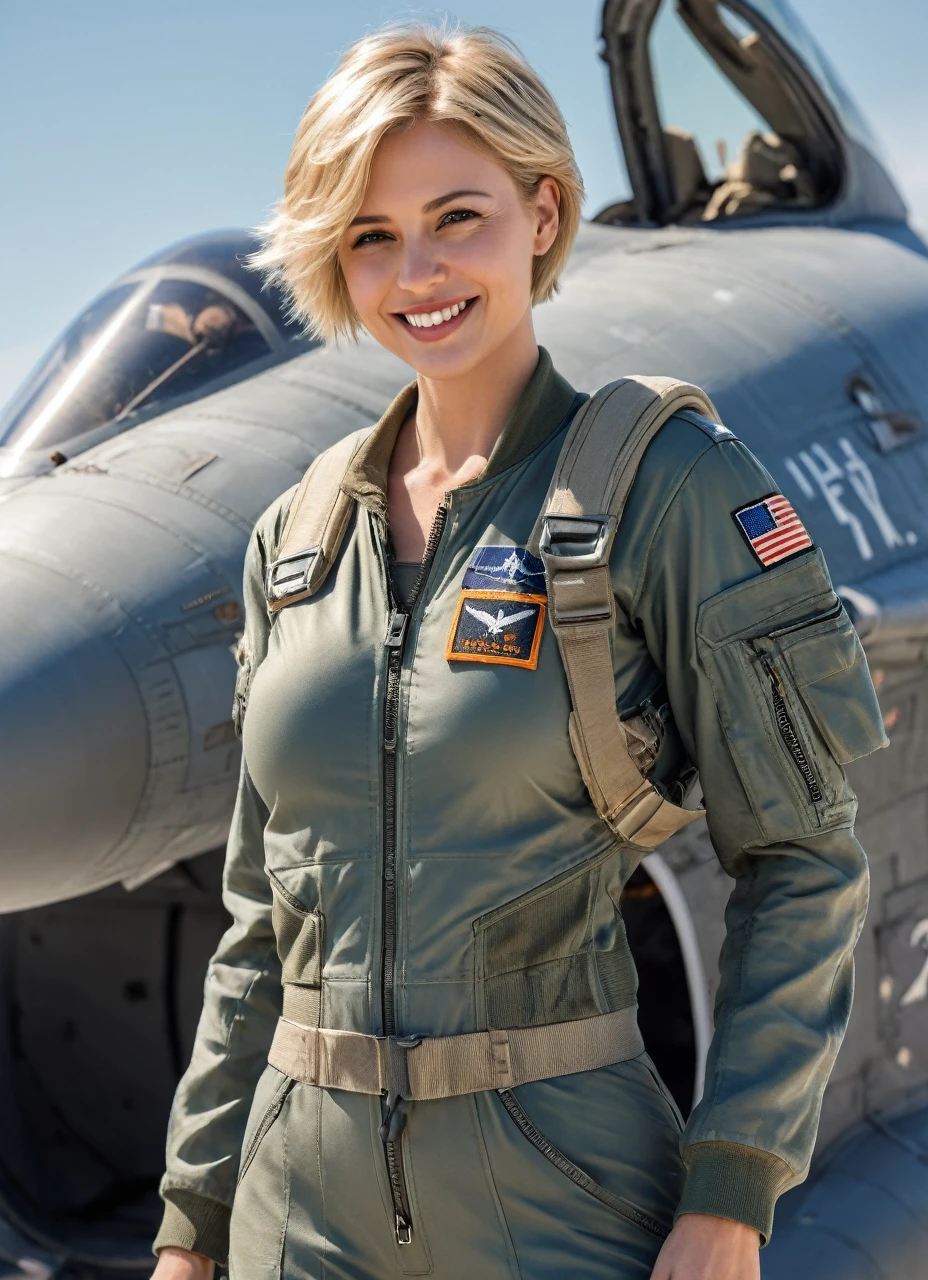 Aviator pill, women , Short blonde hair, very beautiful, with f22 fighter pilot suit, goddess body, neckline, big breasts, sensual smile, f22 plane background, 8K photo quality, Realistic details, ultra definition. 