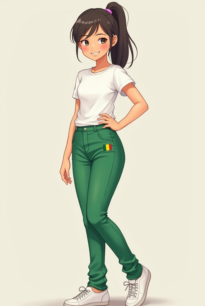 1 girl, green flag pants, school shirt, and big thighs
