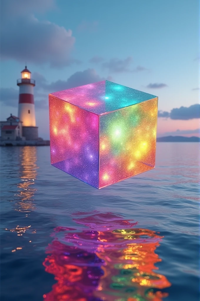 rainbow cube Floating and reflecting above the sea, in the background there is a large and tall lighthouse.