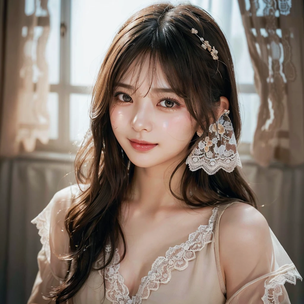 (Highest quality,Jay(Highest quality,Jay作:1.3,超High resolution),(Very detailed,Caustics,8k),(Realistic:1.4,RAW shooting),Super detailed, 超High resolution, Rembrandt Lighting,Ray Tracing,Detailed skin texture, 1,Japanese,黒いLong Hair,耳前にLong Hair, (Long Hair:1.2), (Wavy Hair:1.2), (鈍いbangs:1.2), Chest-up shot,Ultra high definition 8K,Highest quality,Very detailedな,Jay作,Realistic,Rich details,Photographic realism,Very detailedな環境,Very detailedな照明,Very detailedな詳細,,Detailed skin texture,Scattered under the surface,(blush:0.5),Photographic works,A slightly sad expression,Beautiful, shining lips, Detailed face、 bangs, Hair between the eyes, (Tangled in lace curtains:1.5),A mischievous smile,Looking into the camera,Front of face,Natural light, Jay作, Highest quality, High resolution, ,(Face Focus:1.1),(Face close-up:1.1),Sunset
