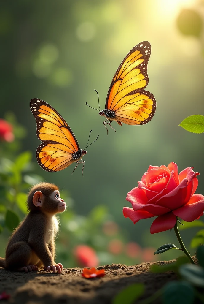Two Butterfly with yellow fly
With red rose and one monkey