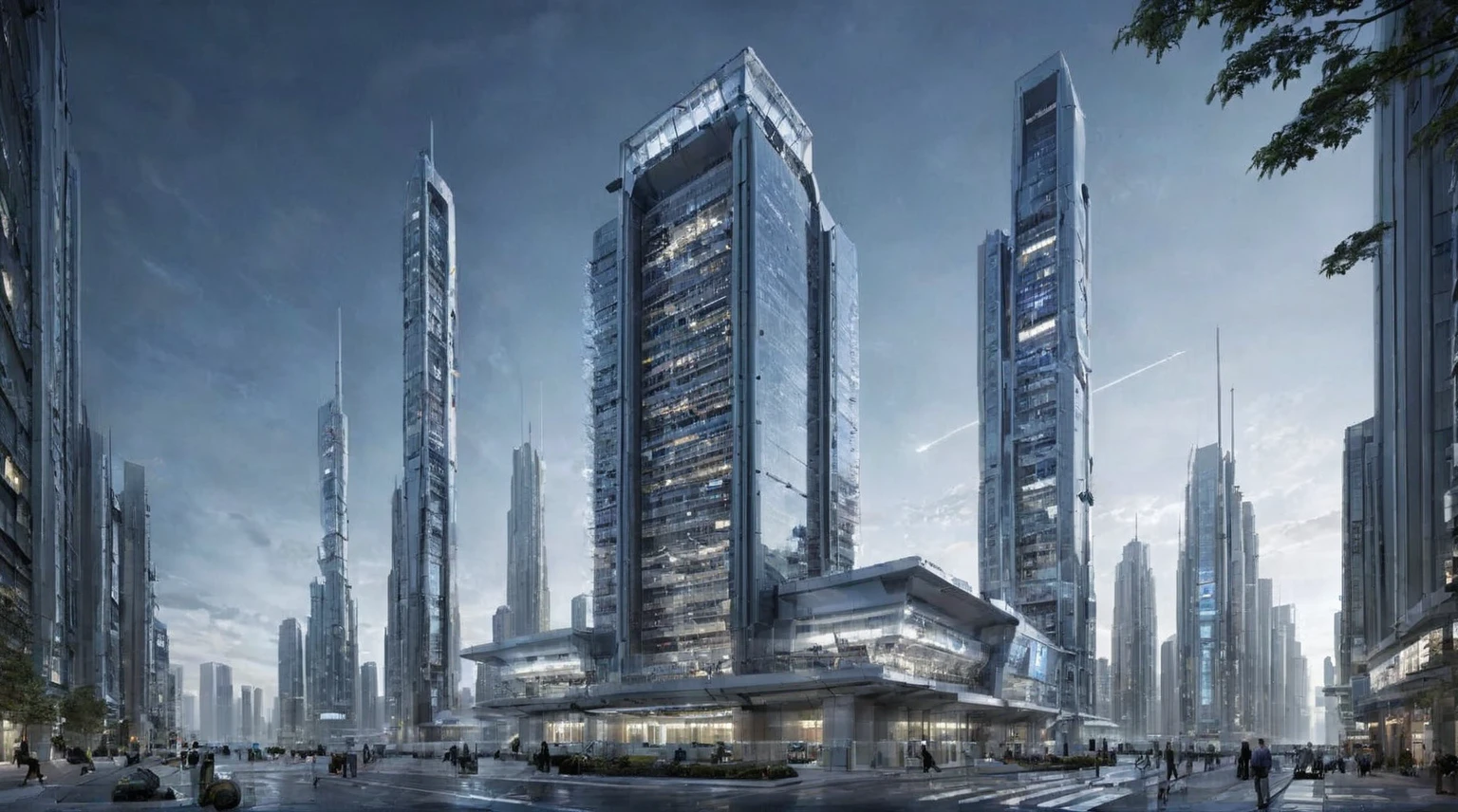 Future City Building，Tall buildings tower，The main building is the highest，night，Outer Space，spacecraft，Space base station，Planet Earth，Sci-fi style，Vertical composition，Interstellar background，Ultra wide-angle lens，Night lighting，spacecraft悬浮，Space base station连接，Planet Earth远景，Cool colors，Mystery。