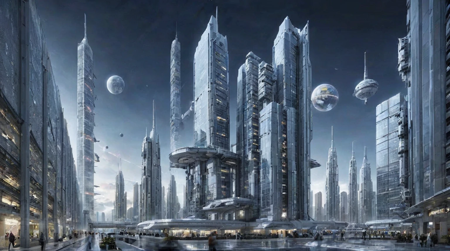 Future City Building，Tall buildings tower，The main building is the highest，night，Outer Space，spacecraft，Space base station，Planet Earth，Sci-fi style，Vertical composition，Interstellar background，Ultra wide-angle lens，Night lighting，spacecraft悬浮，Space base station连接，Planet Earth远景，Cool colors，Mystery。