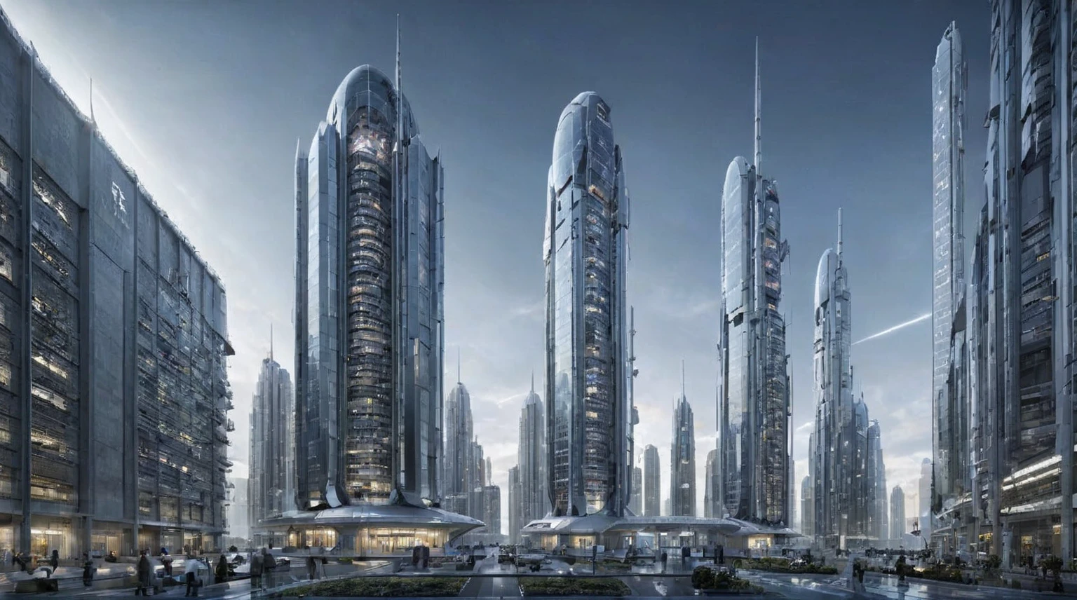 Future City Building，Tall buildings tower，The main building is the highest，night，Outer Space，spacecraft，Space base station，Planet Earth，Sci-fi style，Vertical composition，Interstellar background，Ultra wide-angle lens，Night lighting，spacecraft悬浮，Space base station连接，Planet Earth远景，Cool colors，Mystery。