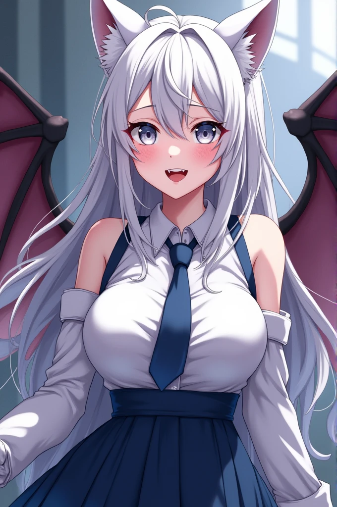 Anime half wolf Lady, With huge breasts, Long whitish hair, Gray eyes And pink lips with fangs, White shirt with a blue tie, Dark blue skirt, White gloves, and bat wings on her back