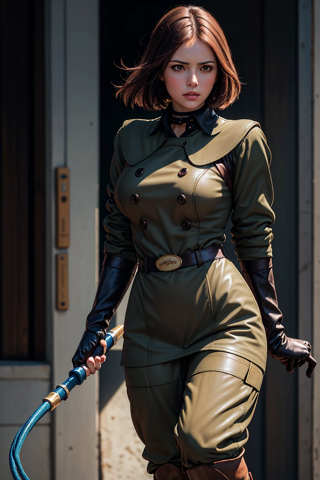 (Best image quality, highest quality, Highest Resolution, Ultra-Realistic Images, Very detailed, masterpiece, 8k), One Woman, Brown medium hair, Khaki military uniform, Leather gloves, Leather boots, holding a blue whip, big Breasts, blush, serious look, Dynamic pose, Browsing Caution, half body, perfect face