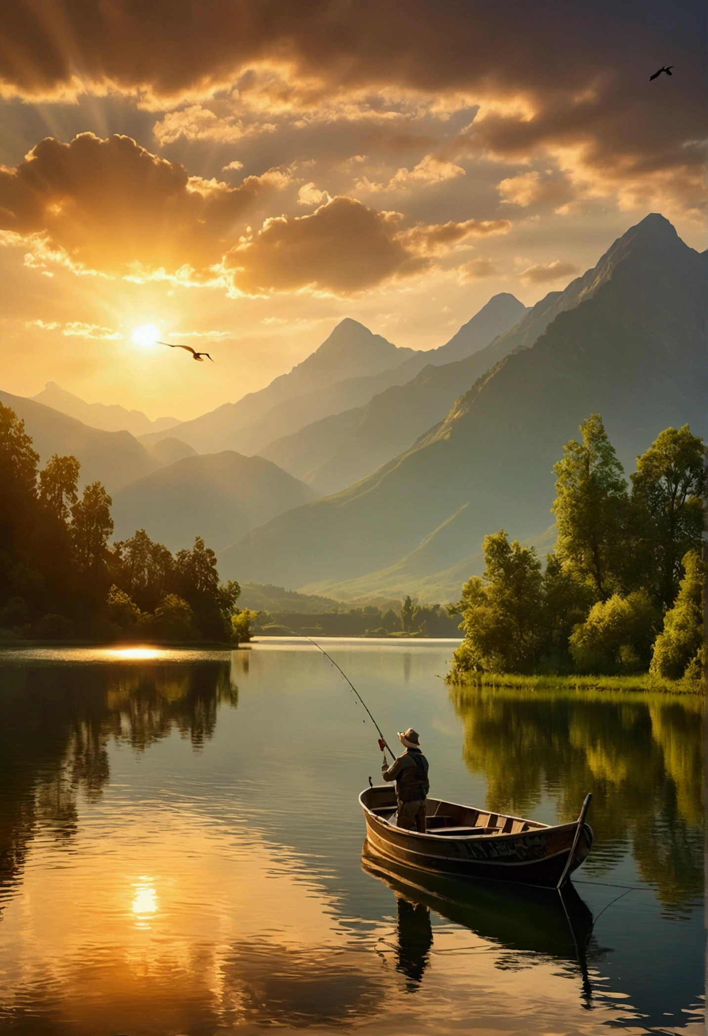 a pescador fishing with a rod in a beautiful lake, birds flying around, dawn lighting, sun rising on the horizon, mountains in the background, magical summer scene, tranquility, peace, (best quality,4k,8k,highres,masterpiece:1.2),ultra-detailed,(realistic,photorealistic,photo-realistic:1.37),stunning lake landscape,serene atmosphere,warm golden hour lighting,dramatic sky with clouds,detailed fishing boat,intricate bird shapes,lush green foliage,towering mountain peaks,golden sun rays,reflective lake surface,calming water ripples,picturesque vista,idyllic summer day