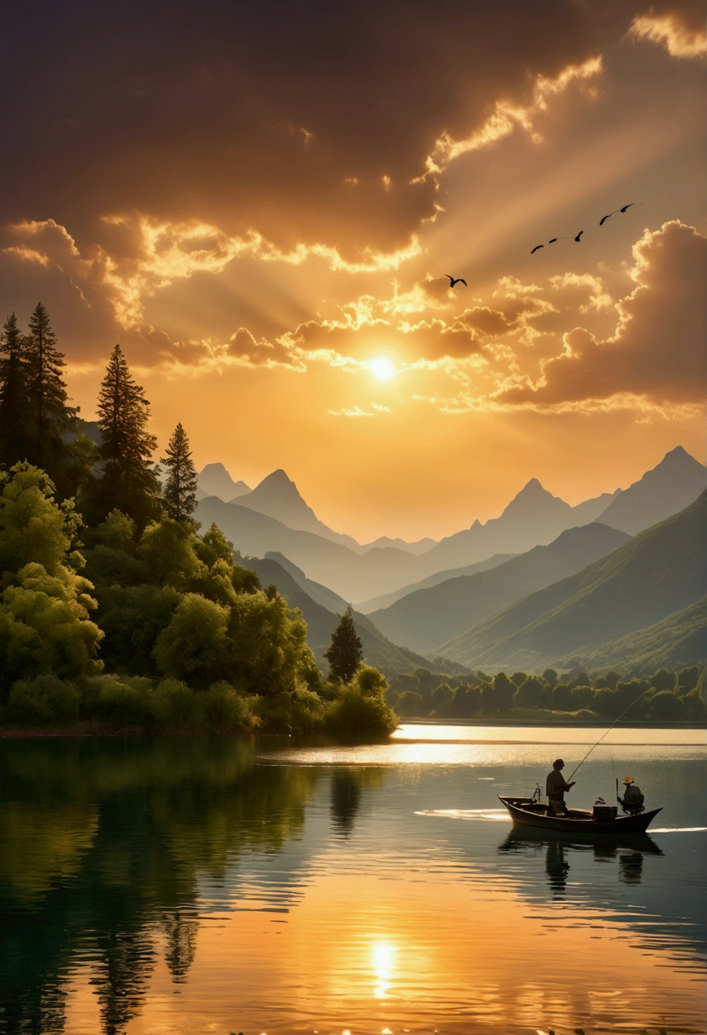 a pescador fishing with a rod in a beautiful lake, birds flying around, dawn lighting, sun rising on the horizon, mountains in the background, magical summer scene, tranquility, peace, (best quality,4k,8k,highres,masterpiece:1.2),ultra-detailed,(realistic,photorealistic,photo-realistic:1.37),stunning lake landscape,serene atmosphere,warm golden hour lighting,dramatic sky with clouds,detailed fishing boat,intricate bird shapes,lush green foliage,towering mountain peaks,golden sun rays,reflective lake surface,calming water ripples,picturesque vista,idyllic summer day