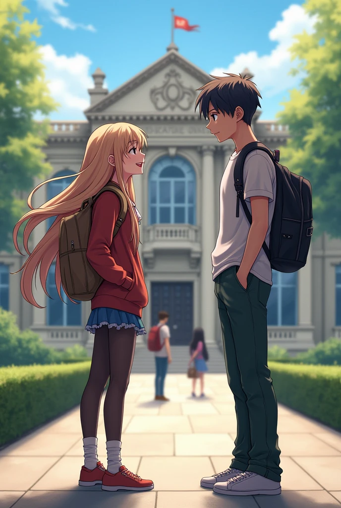 two students, a girl and a boy talking in front of the school