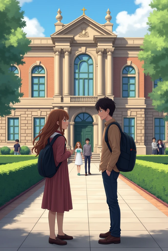 two students, a girl and a boy talking in front of the school