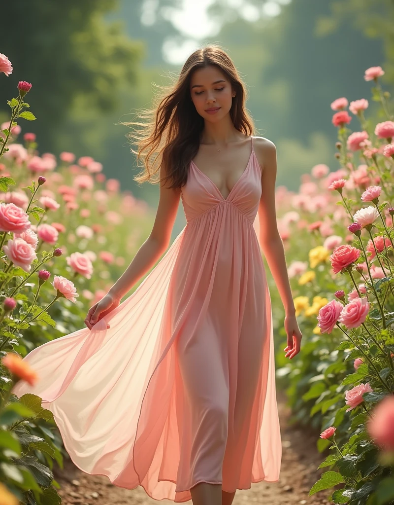  A fair-skinned woman with brown, wavy hair wears a pastel pink dress as she walks through a flower garden at midday. The 8K image captures the delicacy of flowers and the gentle movement of fabric, transmitting a feeling of freshness and romanticism.