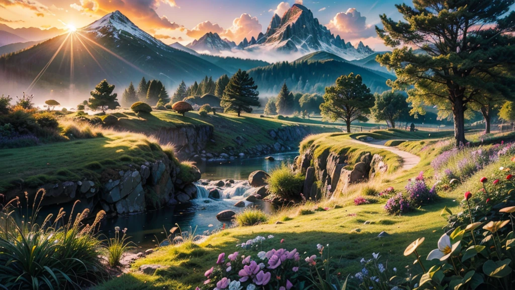 fairytale view with fantasy shops along a town track, dramatic mountain range, rocks plants flowers shrubs bushes trees moss stream lawns grass mushrooms fireflies,colourful sunset and strong sunbeams,very hazy,extreme details,photorealistic,4k,HD,beautiful,nature, dreamy, low shot,ground level photo, good luminosity