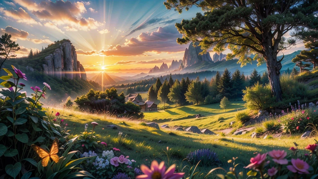 fairytale view with fantasy shops along a town track, dramatic mountain range, rocks plants flowers shrubs bushes trees moss stream lawns grass mushrooms fireflies,colourful sunset and strong sunbeams,very hazy,extreme details,photorealistic,4k,HD,beautiful,nature, dreamy, low shot,ground level photo, good luminosity