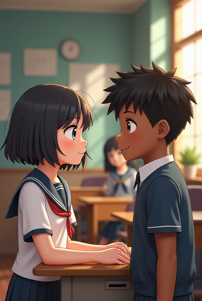 White-skinned girl with short hair and school uniform and dark-skinned boy with black hair and school uniform . with a classroom background .looking at each other