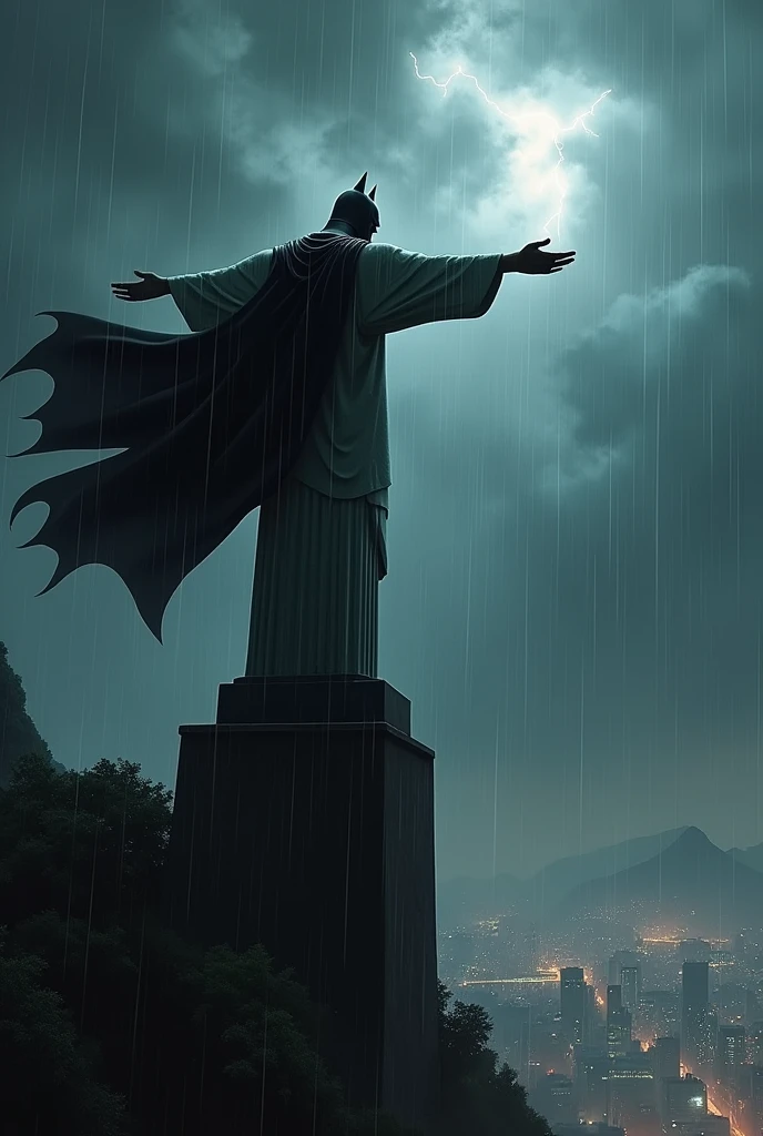 Batman on the arm of Christ the Redeemer on a dark and rainy night