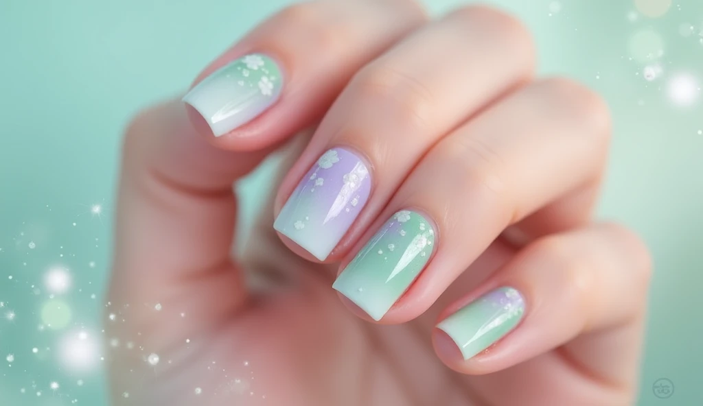 Tropical Breeze Nail Art: This light and elegant design、Capture the essence of a refreshing tropical breeze. Each claw is、Featuring a soft pastel palette of seafoam green and lavender. The design、Faint, Mimicking the movement of a gentle breeze、Flowing lines, To add a touch of magic、A subtle touch of iridescence. The background is bright, Transparent mist, The refreshing pattern gently stands out.