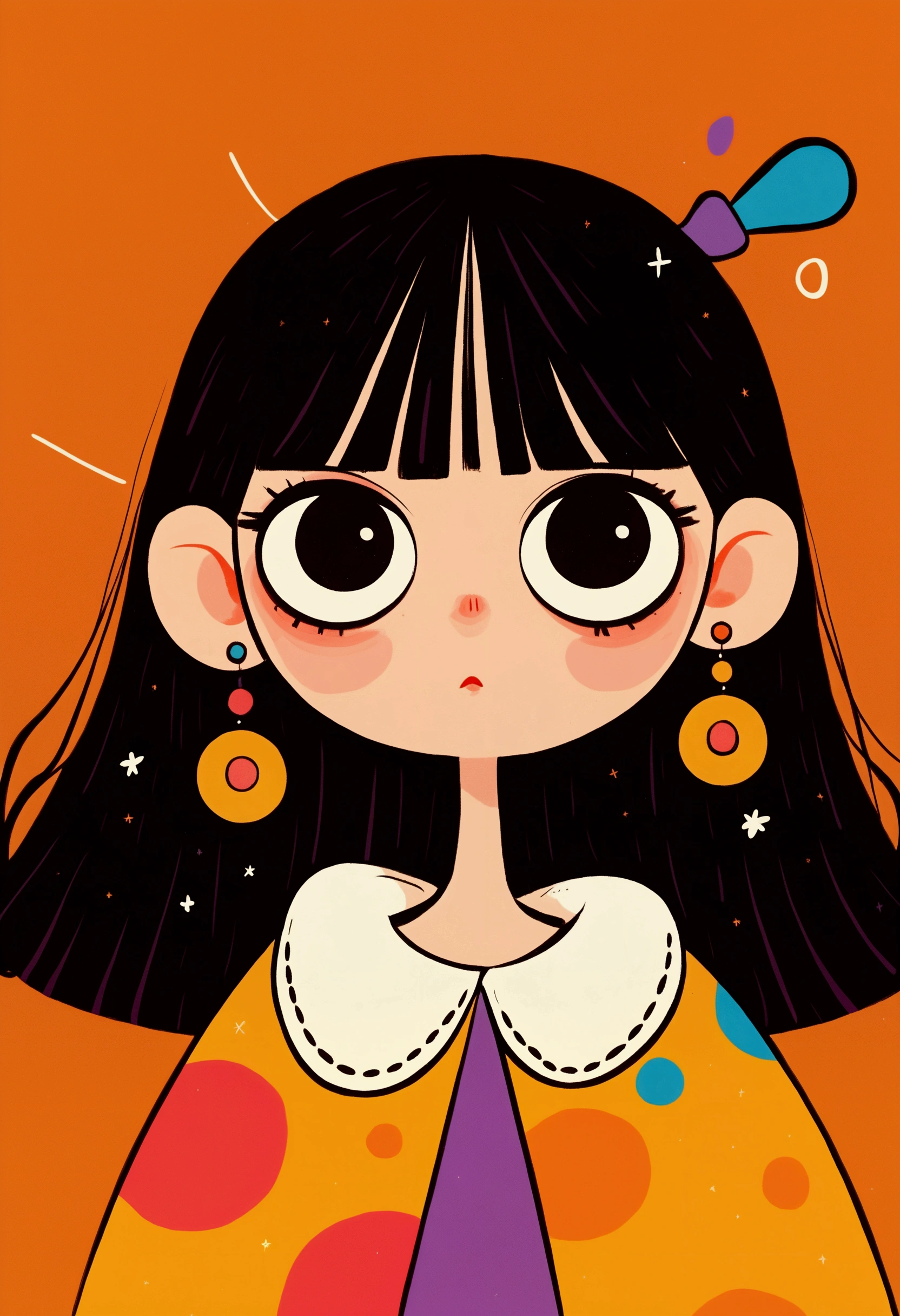 Flat Wind,Vector,Childish art cartoon,Cartoon girl with long black hair and big earrings,big eyes,Cute expression,Bangs,Minimalism, White collar,Lovely art style, rich and colorful! Digital illustration style, The art of math. rich and colorful comic, Hand drawn cartoon art style,Solid color background,Black Lines