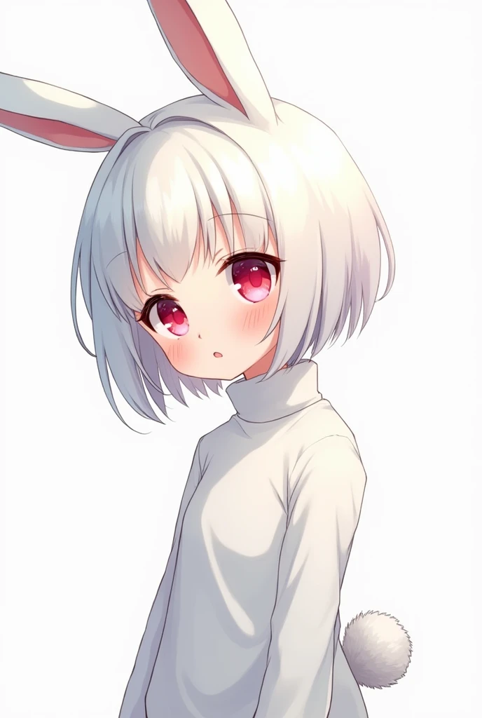 アニメ, A girl with white hair, height 1,43. Light red eyes ,very short hair with chopped ends, a little rabbit tail, a white turtleneck outfit.