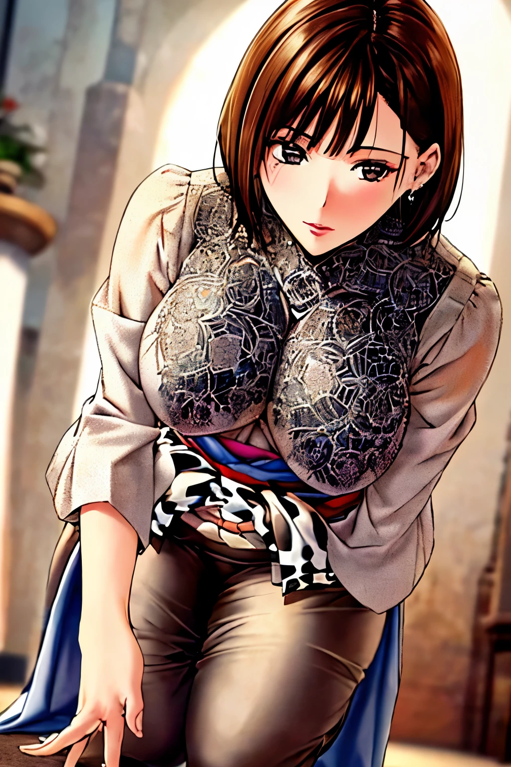 Japanese woman wearing a Holstein costume, (((beautiful face))),((Show your face))、 Very detailed decorations, (((masterpiece))), ((Highest quality)), ((Intricately detailed)), ((ultra-realistic)), Absurd resolution, ((Short Hair)), ((Sexy and attractive posture、On all fours))、 (((beautiful face))), Young Woman, perspective, Very detailed, figure,, (gigantic Breasts:1.3), ((tight waist:1.5))、Perfect hands, Detailed fingers, Beautiful attention to detail,  (((beautiful face))), , Brown eyes,(a Holstein  costume:1.2), Earrings, Detailed Background, Perfect Eyes, Seductive eyes, ( Looking at the audience:1.6),