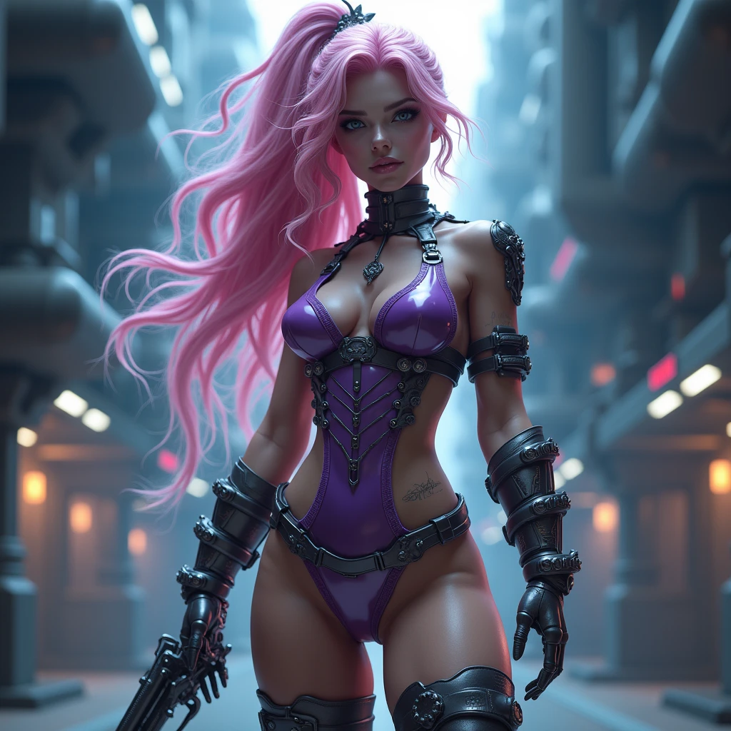 photorealistic:1.2) Beautiful woman in a sexy bikini cyber ninja outfit, standing hugging a weapon covered in purple blood. Her weapon is a scythe, red hair.