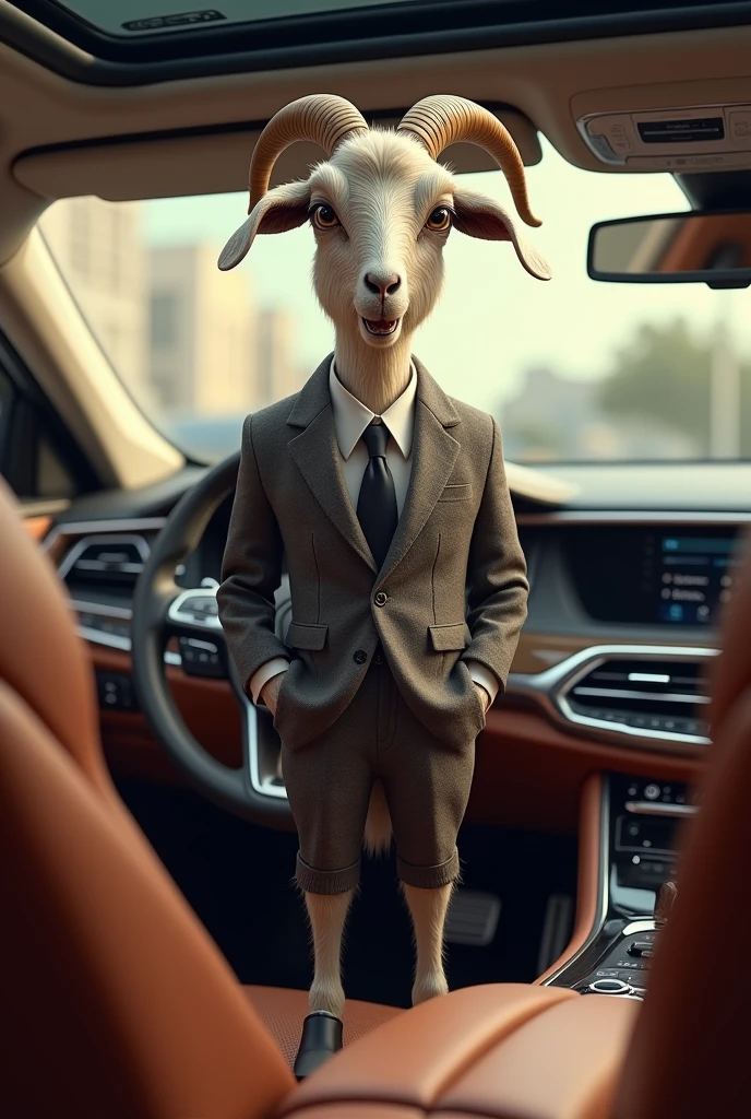 Junaid a picture of goat standing on 2 legs and wearing the dress of human and travelling in luxury car