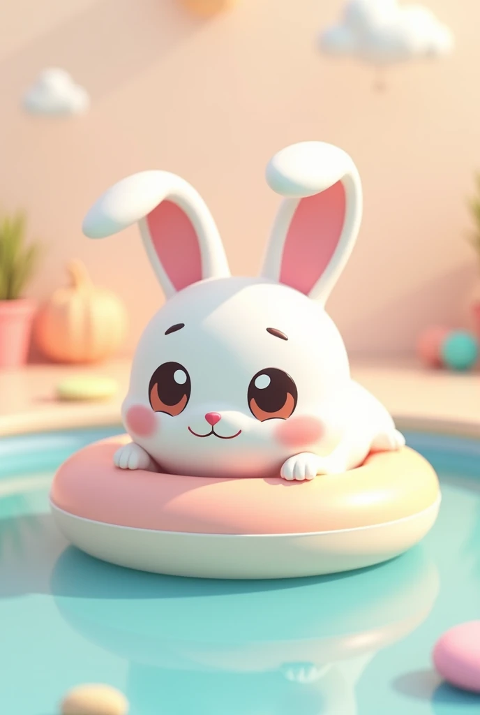 3d, Simple and cute, With gentle colors like a picture book , 8k, Highest quality,cute,Big anime eyes,Cute rabbit on a swimming ring.,mascot