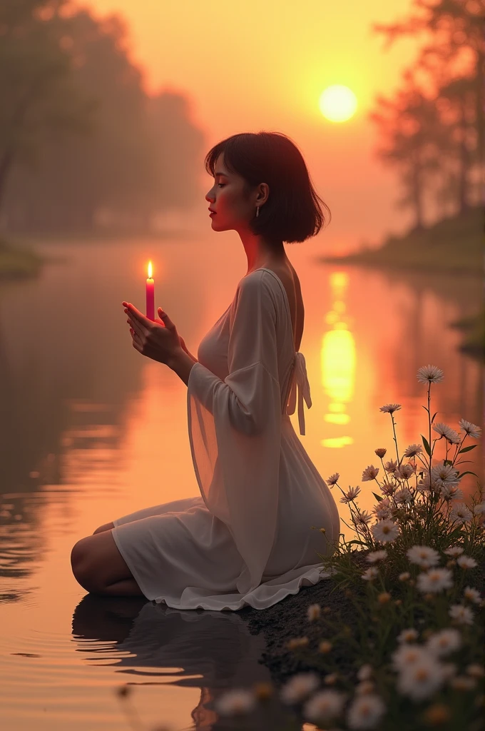 a transgender woman, appeared Hispanic, Caucasian skin, adult, slim, Bullish, little breast, very short hair at nose level, light brown in color, with light and clear clothes, on his knees, with a countenance of respect and adoration, lights a pink candle next to a simple bouquet of white flowers, on the edge of a river source, beautiful and peaceful, on a beautiful sunset, with the reddish and yellow sky, with a beautiful and cozy mist.