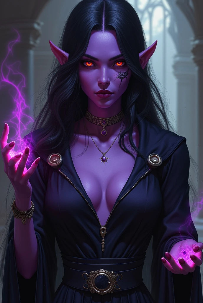 Fazer imagem de uma personagem tiefling feiticeira de d&d, purple skin, with a scar on her face, long black hair, fire colored eyes, infernal aura and frightening appearance with a single silver necklace with a very small, slightly pink pearl inside the necklace, elegant clothes and no cleavage
