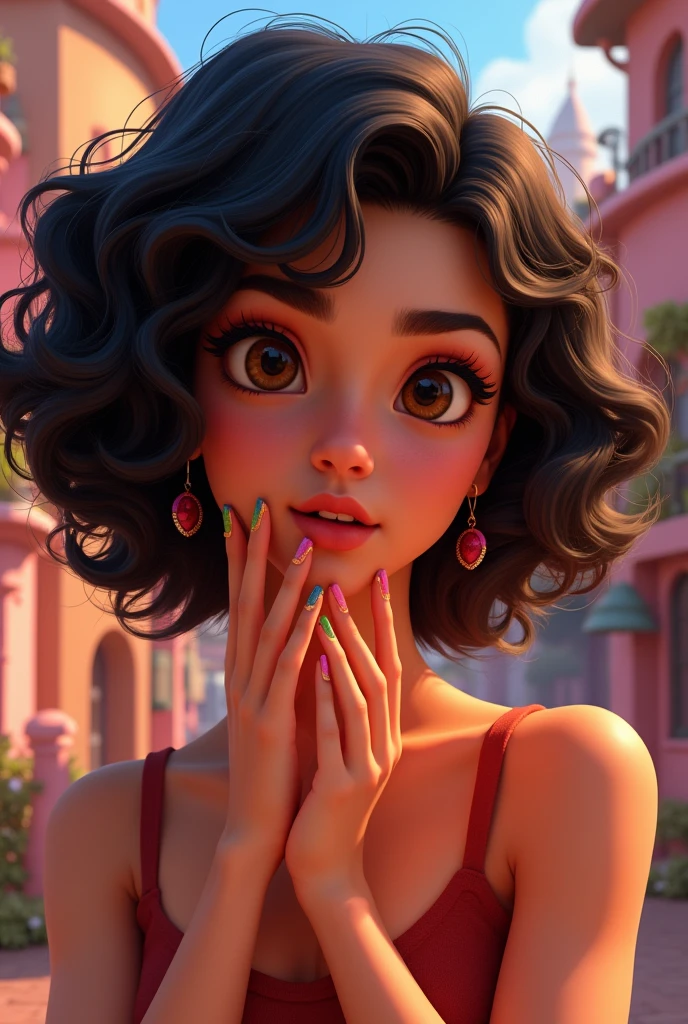 Pixar style poster brunette manicure black curly hair brown eyes