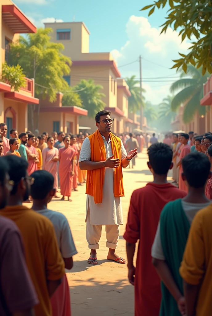 Rahul addressing a gathering in his village, with villagers listening attentively. The scene reflects a sense of hope and progress, showing improvements in the village infrastructure.