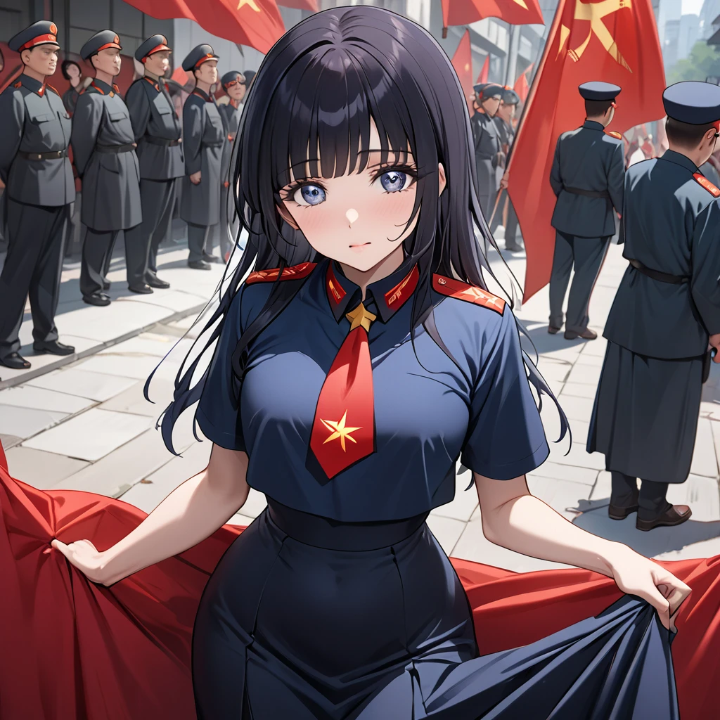 ((Highest quality)), ((masterpiece)), (detailed), （Perfect Face）、The woman is Reika Aoki with semi-long hair、The woman abandoned her Japanese identity and became Chinese.、The woman has become a full-fledged member of the Chinese Communist Party, dressed in Communist Party clothing and wearing a long tight skirt, and is working as a Communist Party spokesperson.