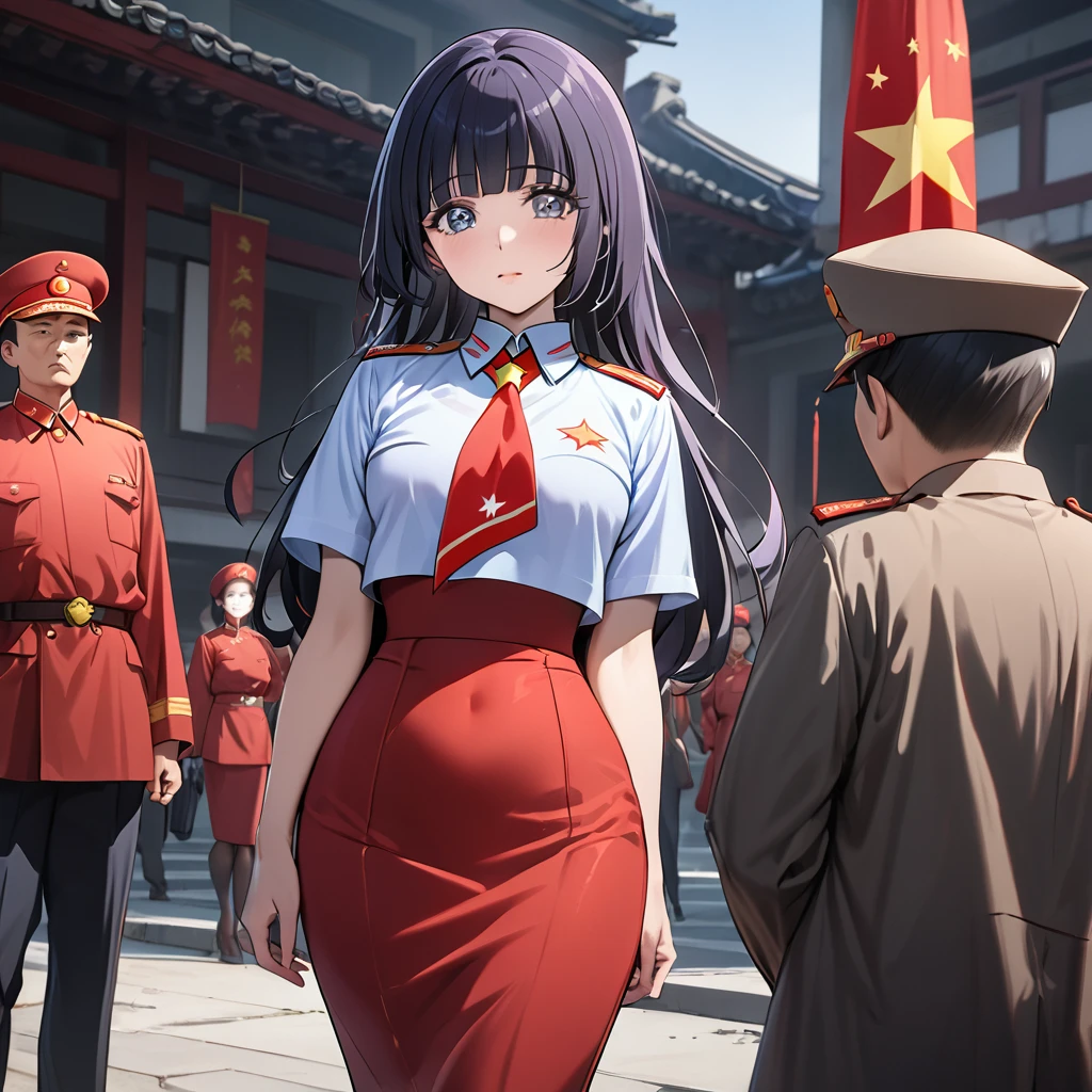 ((Highest quality)), ((masterpiece)), (detailed), (Perfect Face)、The woman is Reika Aoki with semi-long hair、The woman abandoned her Japanese identity and became Chinese.、The woman has become a full-fledged member of the Chinese Communist Party, dressed in Communist Party clothing and wearing a long tight skirt, and is working as a Communist Party spokesperson.