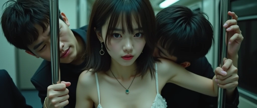 (32K:1.9, Horror depictions:1.9, Highest quality, masterpiece, Ultra-high resolution, Professional random angle camera work:1.5, Very detailedな肌と顔の質感:1.4), Always accurate, Very detailed, bag, (Cute Japanese Woman, Camisole dress and cardigan:1.6, Incredibly slim body:1.3, areola is not visible:1.4, Big breasts on the verge of collapse), ((Crowded train:2.0, Crazy behavior:1.9, in the train、Two young men hugging a woman from behind:1.7)), belt, Fair skin, elegant, sense of cleanliness, Thin eyebrows, (Scared:1.0, Puzzled:1.0, A look that shows deep contempt for you:1.0, Big eyes that exude beautiful eroticism:0.4, Please open your mouth a little, lipstick, Feel the beautiful eroticism:1.0, Dark brown medium hair), Earrings, necklace, bracelet, romantic, mysterious, Object of admiration, original, dramatic, artistic, Innovative, charm, Heartful, Fancy, Tilt, sense of loss, special, ((exciting, Extreme, sense of openness, suffering, sufferingの表現)), ((Mistakes of Youth, 女性的なcharm))
