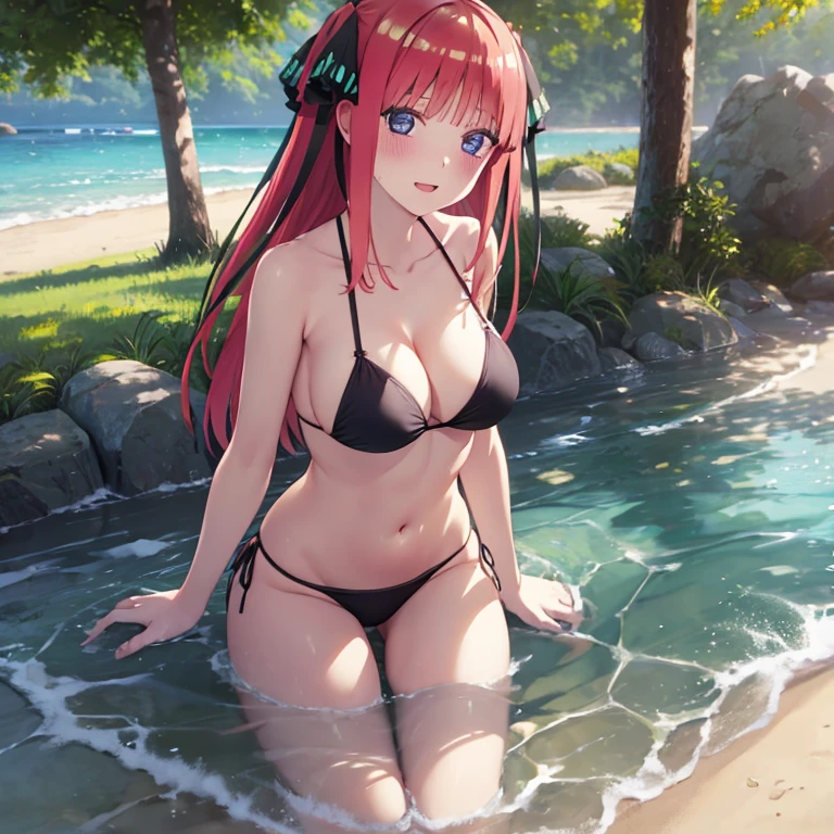 best quality, insanely detailed, nino nakano, breasts, blush, seaside background, looking at viewer, cheerful eyes, arousal, bikini tops, short Underwear, tankini, full body