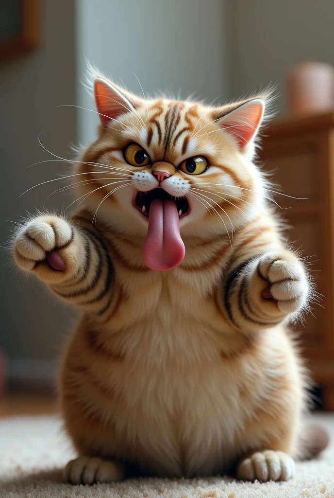 A furry cat sticking his long tongue out and looks very angry  and pointing to his to to sit on it